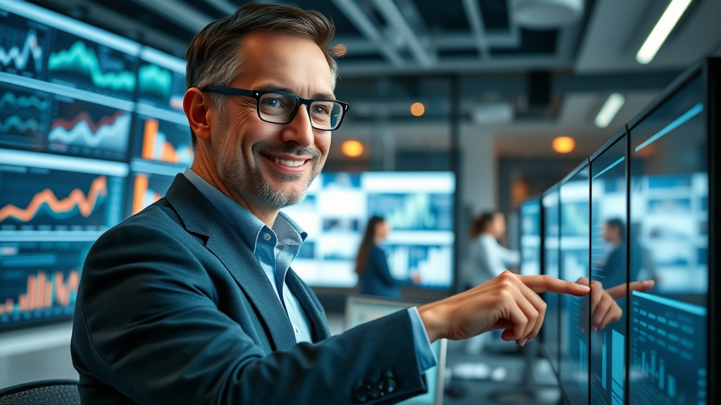 insightful CMO analyzing marketing reports on a digital dashboard, discussing impact of media fractional cmo for digital marketing, sleek office with analytics monitors