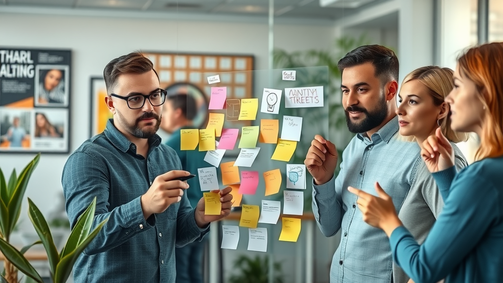 innovative marketing team mapping out digital storytelling, inspired expressions, transparent glass board, business growth through media fractional cmo in 2025, photorealistic