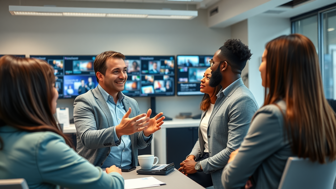 professional media fractional CMO leading diverse marketing team to success with media placements, high-tech office, business growth, photorealistic