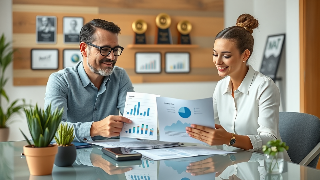 thoughtful business owner analyzing ROI charts with a media fractional cmo, modern meeting room, signals cost-effective executive leadership