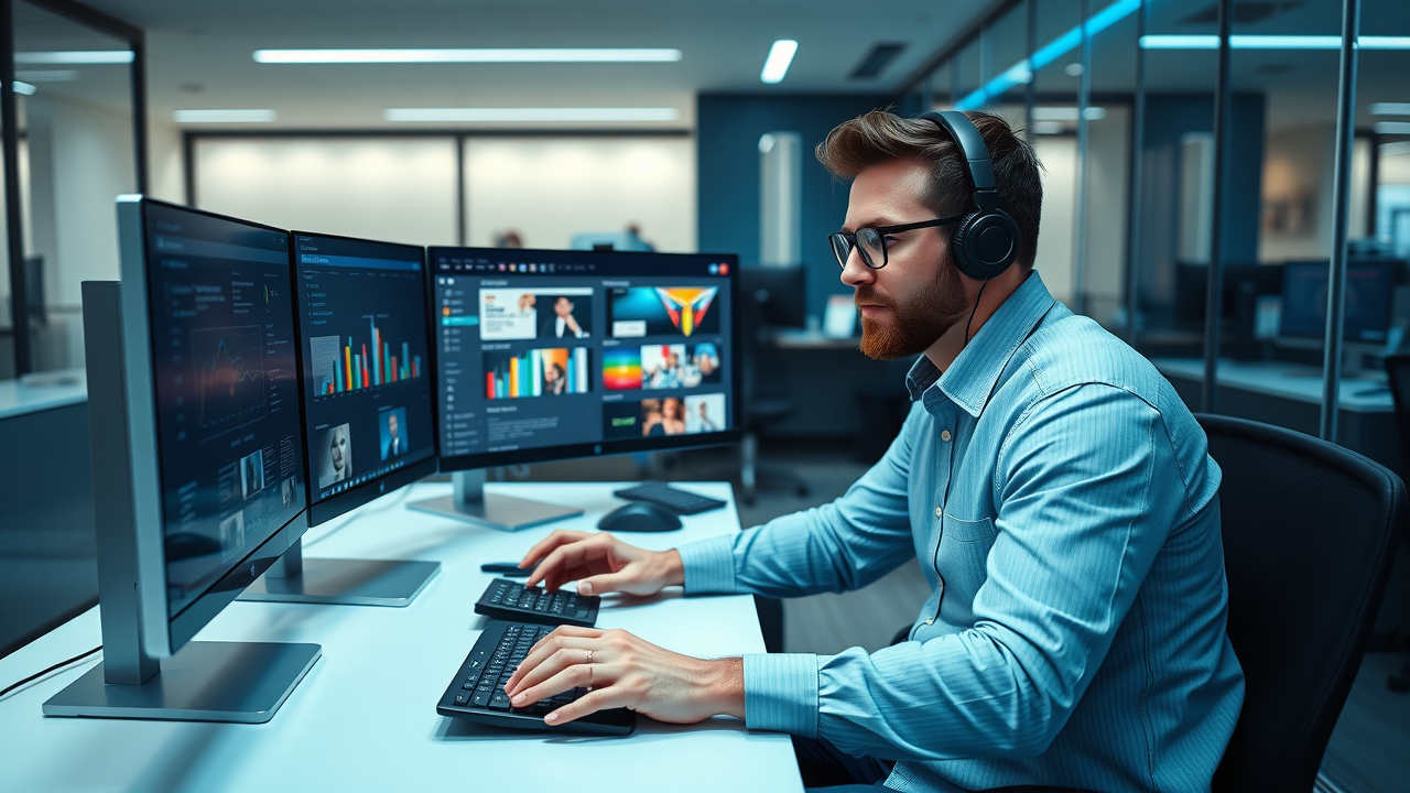 successful digital marketing campaign visualization, media fractional cmo pointing to rising graphs and social engagement, futuristic digital control center