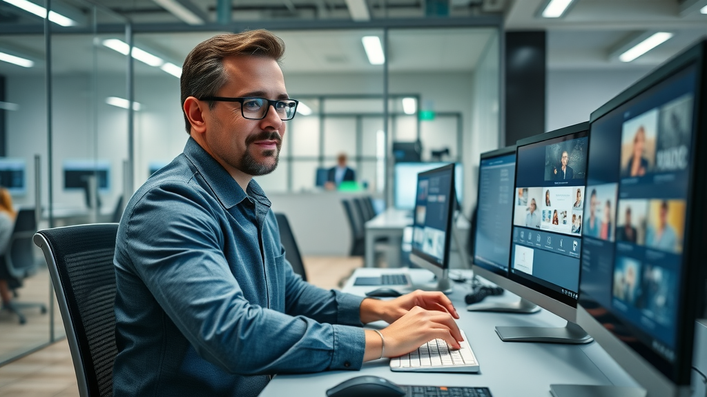 dedicated media fractional CMO managing multiple marketing tasks, digital marketing workstation, content creation for business growth